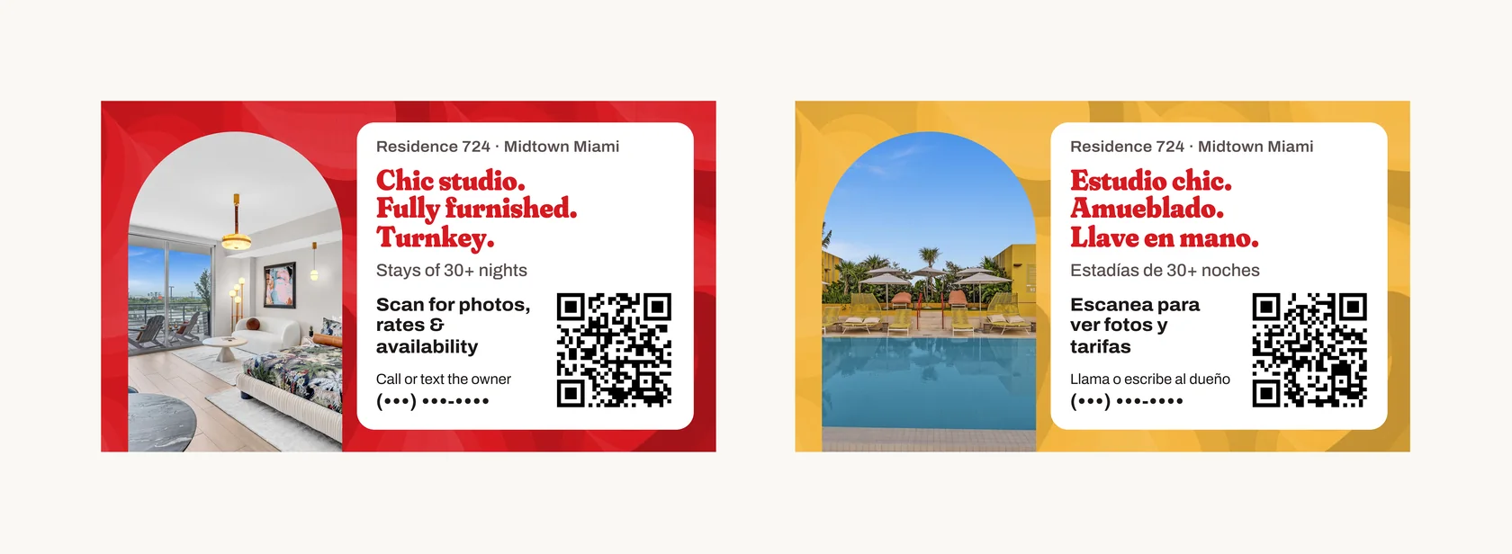 Both sides of the business card, trimmed: the red English side and the yellow Spanish side, each with an arched photo window, a white text panel and its own QR code