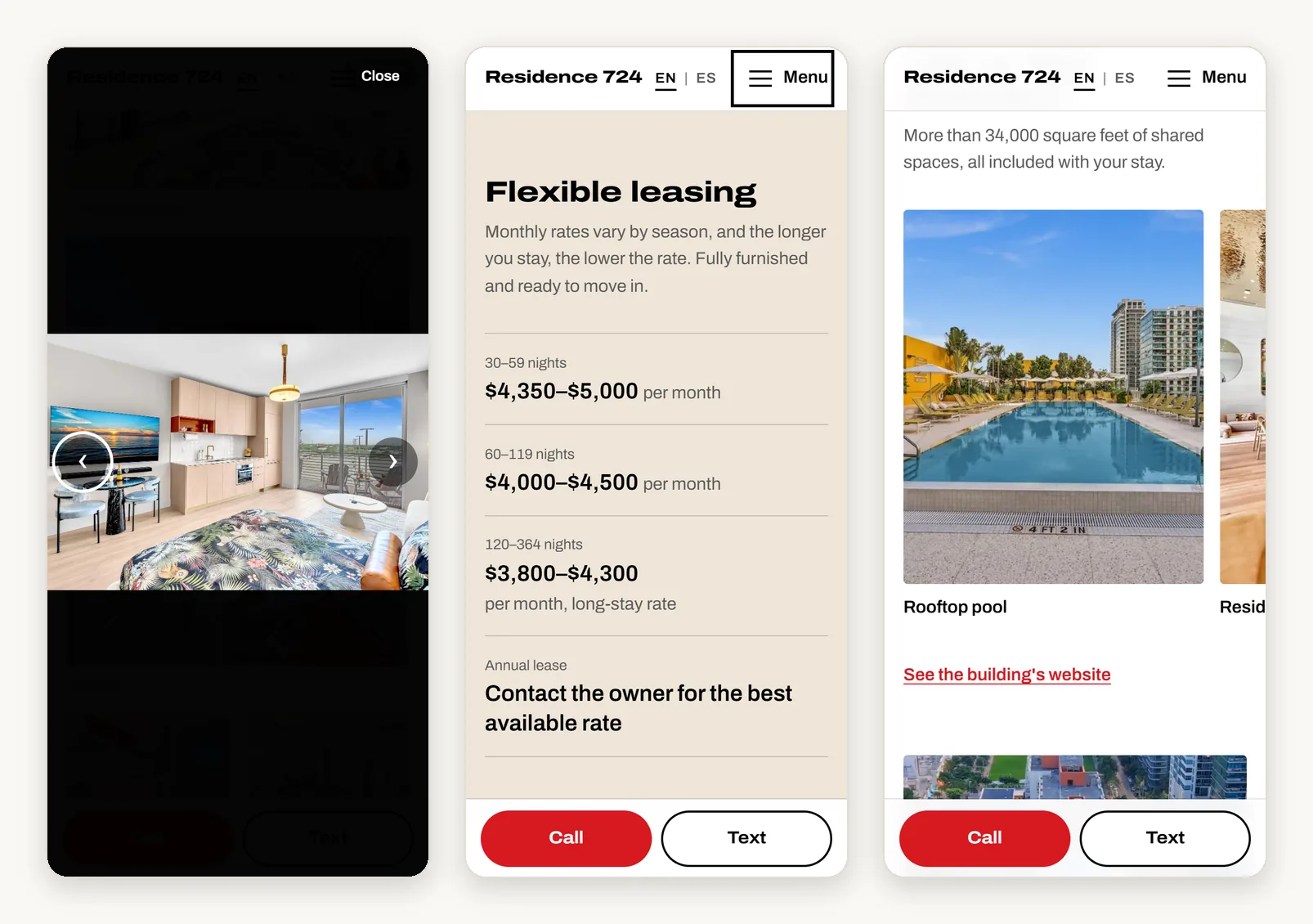 Three more phone screens: a photo open in the full-screen swipe viewer, the rates table showing monthly prices by length of stay, and the amenities strip part-way through a sideways drag