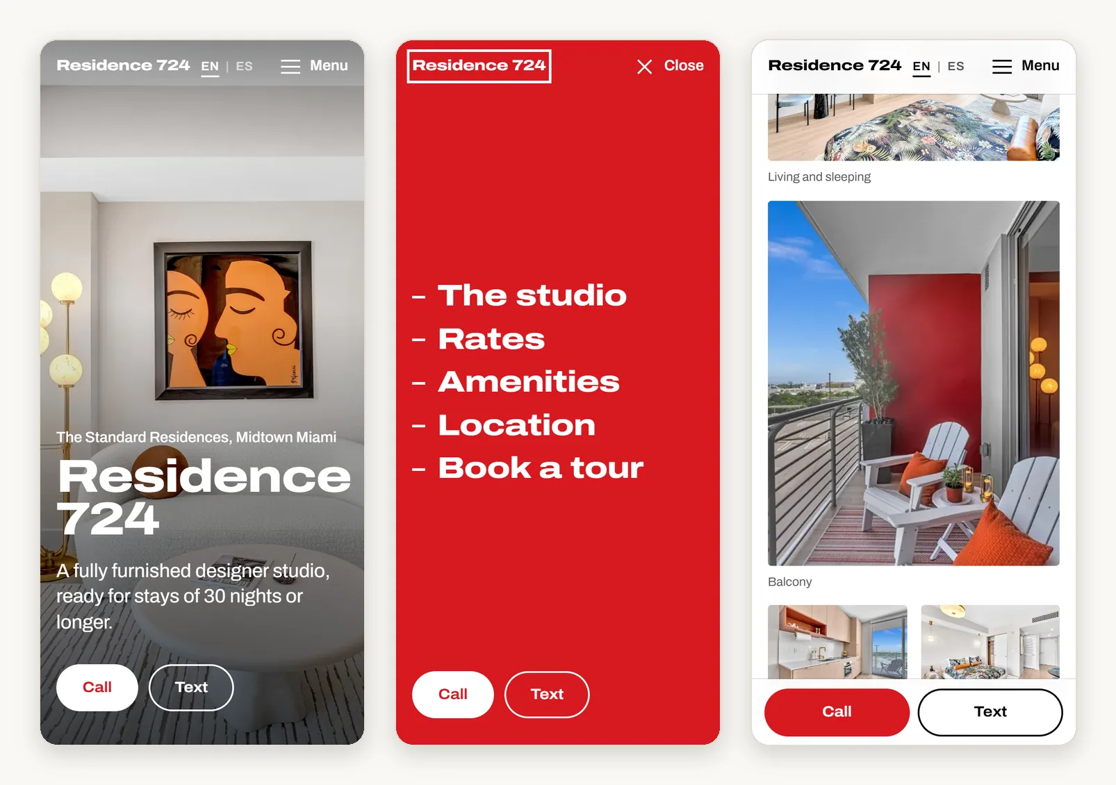 Three phone screens from the Residence 724 site: the full-screen hero photo with Call and Text buttons, the red hamburger menu open over the page, and the photo gallery with captions under each image